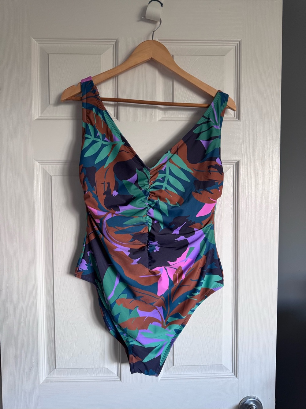Shade & Shore Tropical Leaf One-Piece Swimsuit in Teal, Purple & Brown